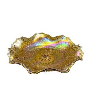 Vintage Carnival Glass Platter Plate 10" IRIDESCENT Marigold Amber Ruffled Edge